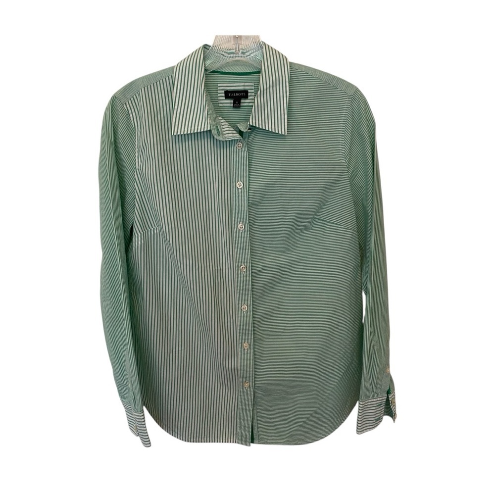 Talbots Green and White Mixed Stripe Button Down Shirt 100% cotton